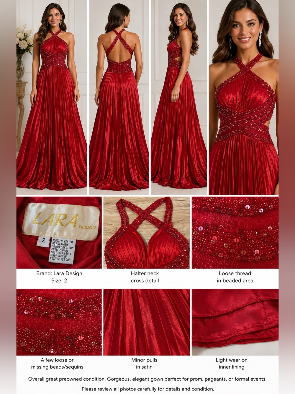 Lara Design Red Beaded Satin Pleated Halter Prom Gown Dress Size 2